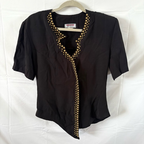 Vintage avant garde black gold studded blouse top asymmetrical medium 80s - Picture 2 of 4